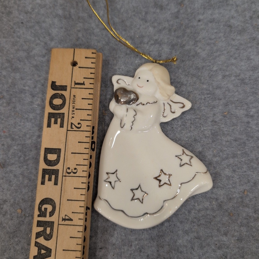 Ceramic Angel Christmas Ornament White Silver Heart Stars Gold Cord Hanging Dcor - Picture 3 of 4